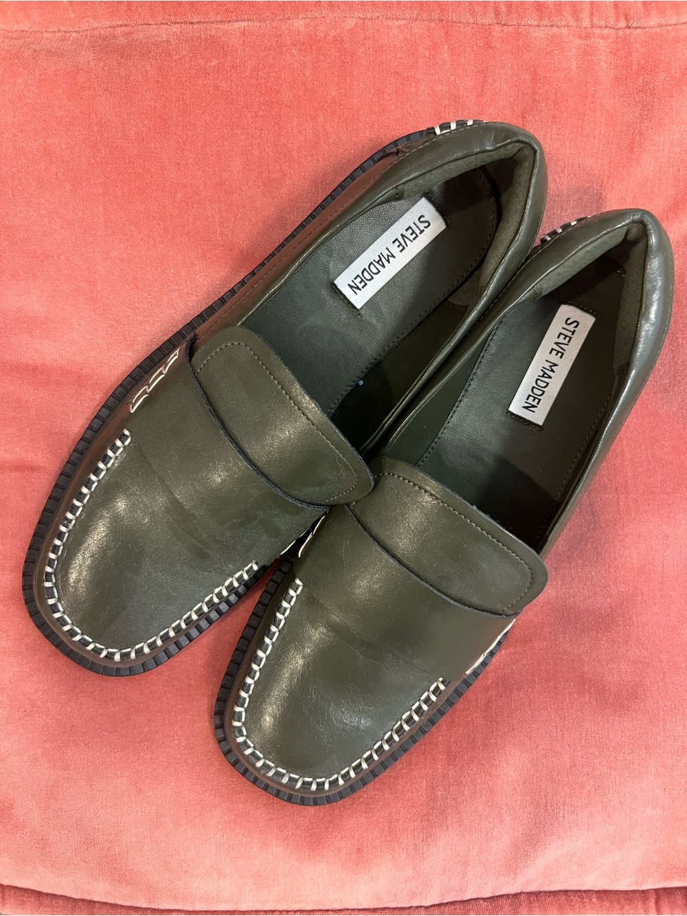 Steve Madden Olive Green Leather Penny Loafers with Contrast Stitch